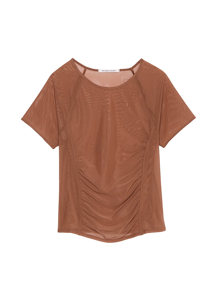 Victoria's Secret, VSX Mesh Ruched Tee, Caramel, offModelFront, 4 of 4