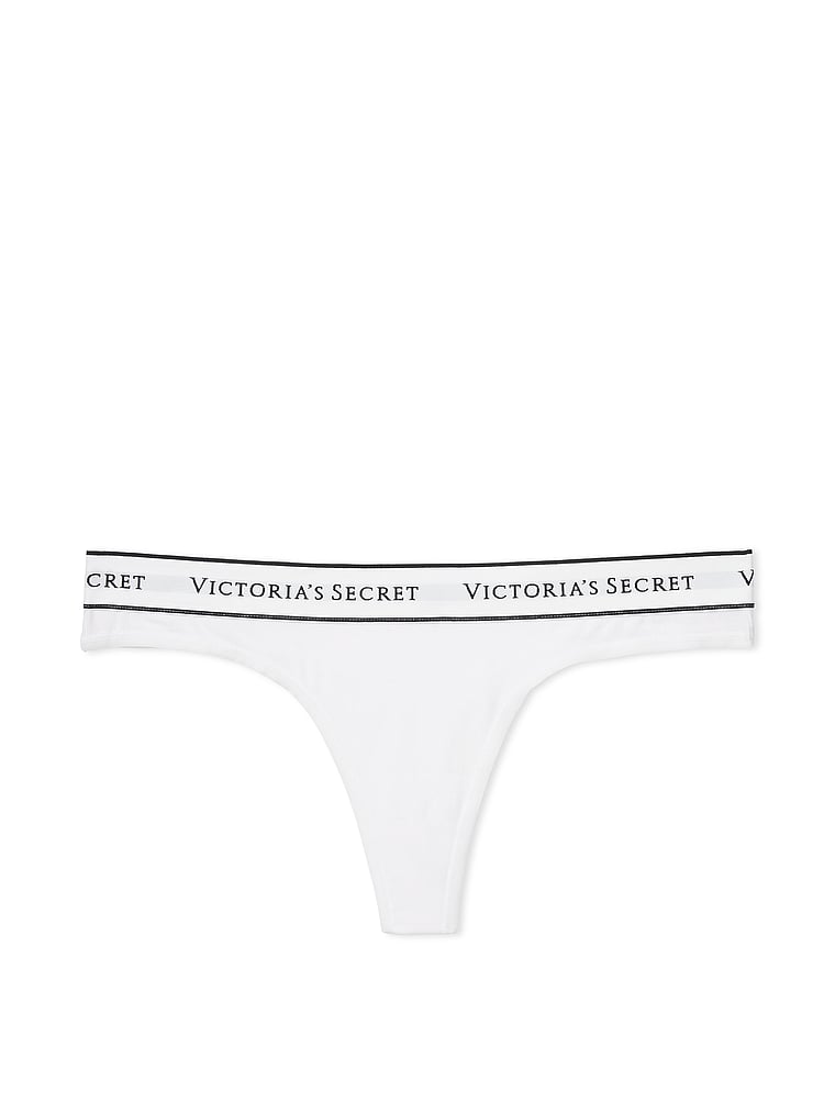 Victoria's Secret, Cotton Logo Rib Cotton Hardware Thong Panty, VS White, offModelFront, 3 of 3