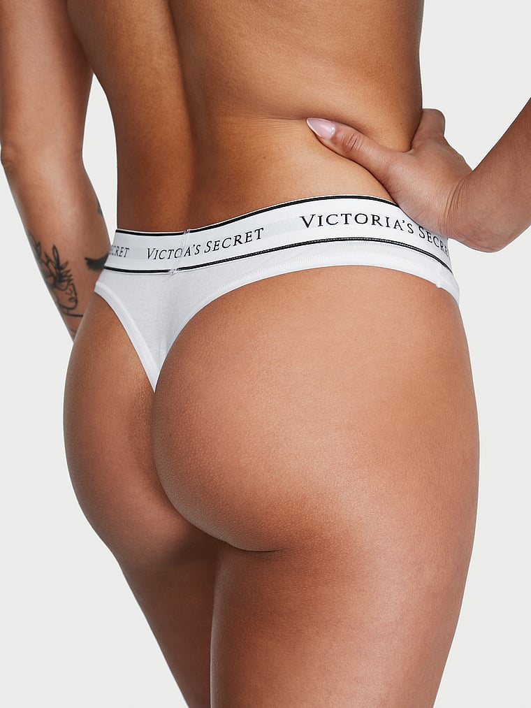 Victoria's Secret, Cotton Logo Rib Cotton Hardware Thong Panty, VS White, onModelBack, 2 of 3 Dash is 5'4" and wears Small