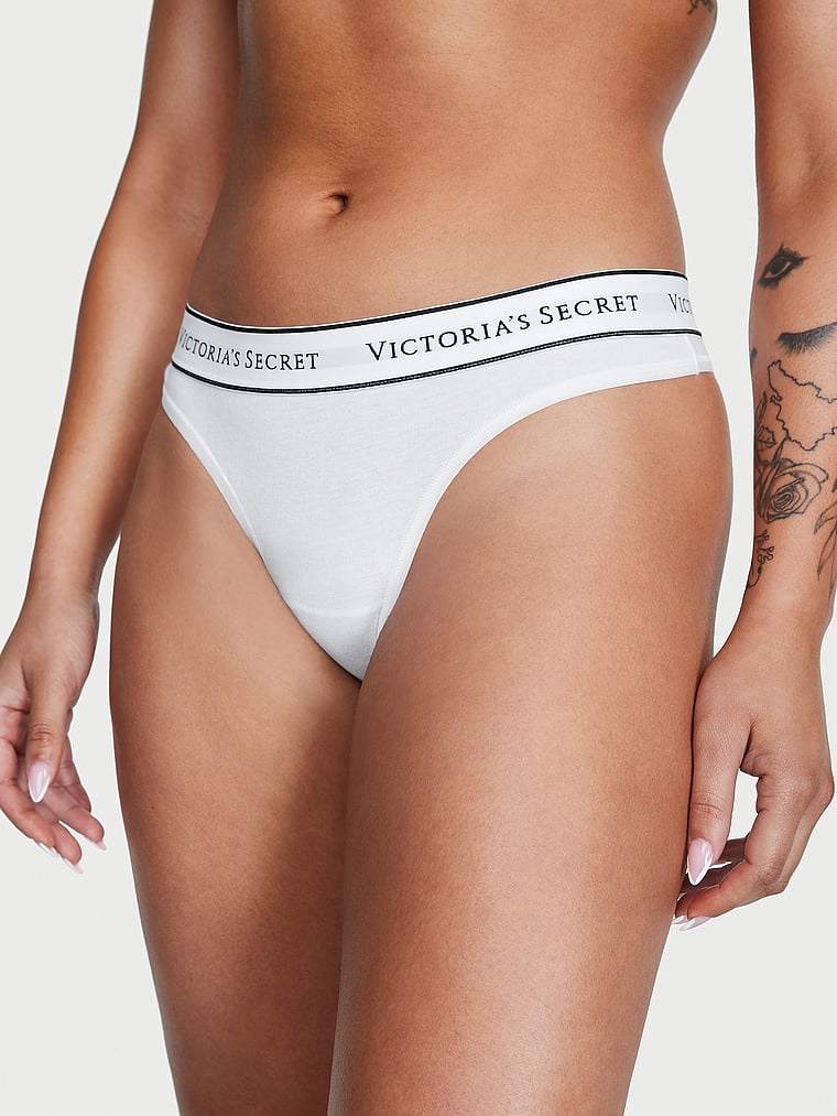 Victoria's Secret, Cotton Logo Rib Cotton Hardware Thong Panty, VS White, onModelFront, 1 of 3 Dash is 5'4" and wears Small