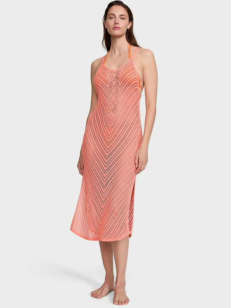 Victoria's Secret, Victoria's Secret Swim Crochet Cover-Up Dress, Punchy Peach, onModelSide, 1 of 5 Joy  is 5'10" and wears 34B or Small