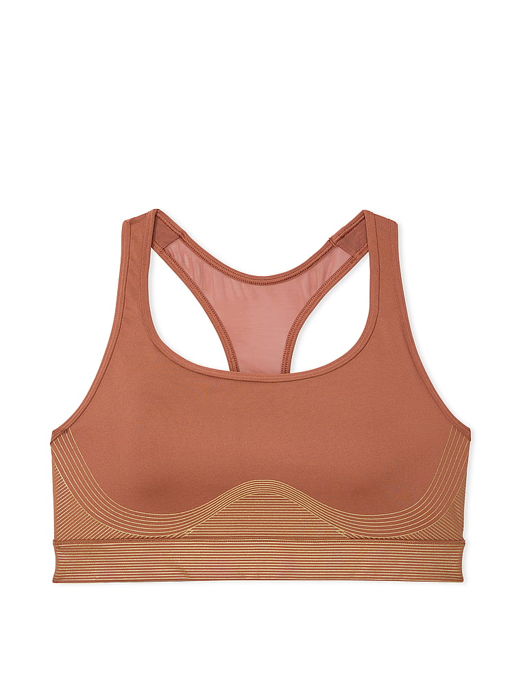 Victoria's Secret, VSX Player Shine Sports Bra, Caramel Bronze, offModelFront, 3 of 4