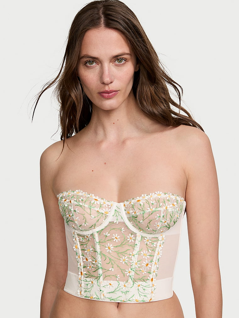 Victoria's Secret, Dream Angels Daisy Chain Embroidery Strapless Corset Top, White Daisies, onModelFront, 1 of 6 Joy  is 5'10" and wears 34B or Small
