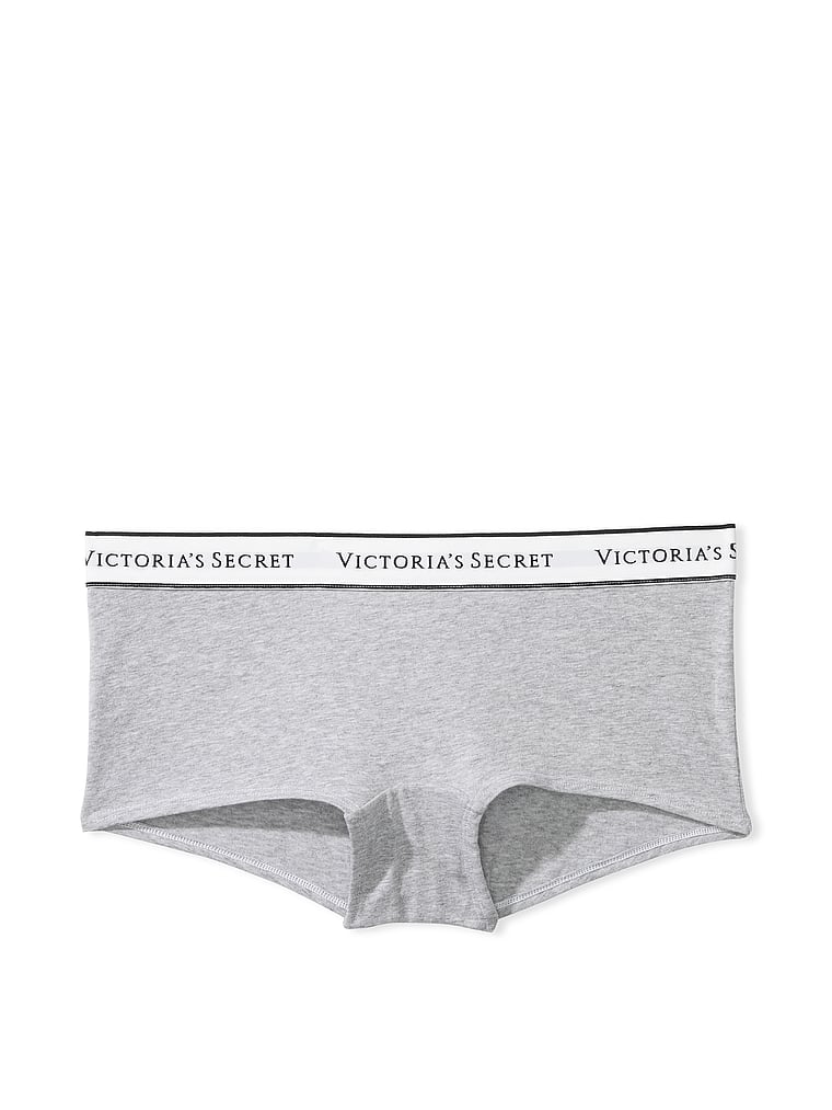 Victoria's Secret, Cotton Logo Cotton Shine Patch Boyshort Panty, Medium Heather Grey, offModelFront, 3 of 3