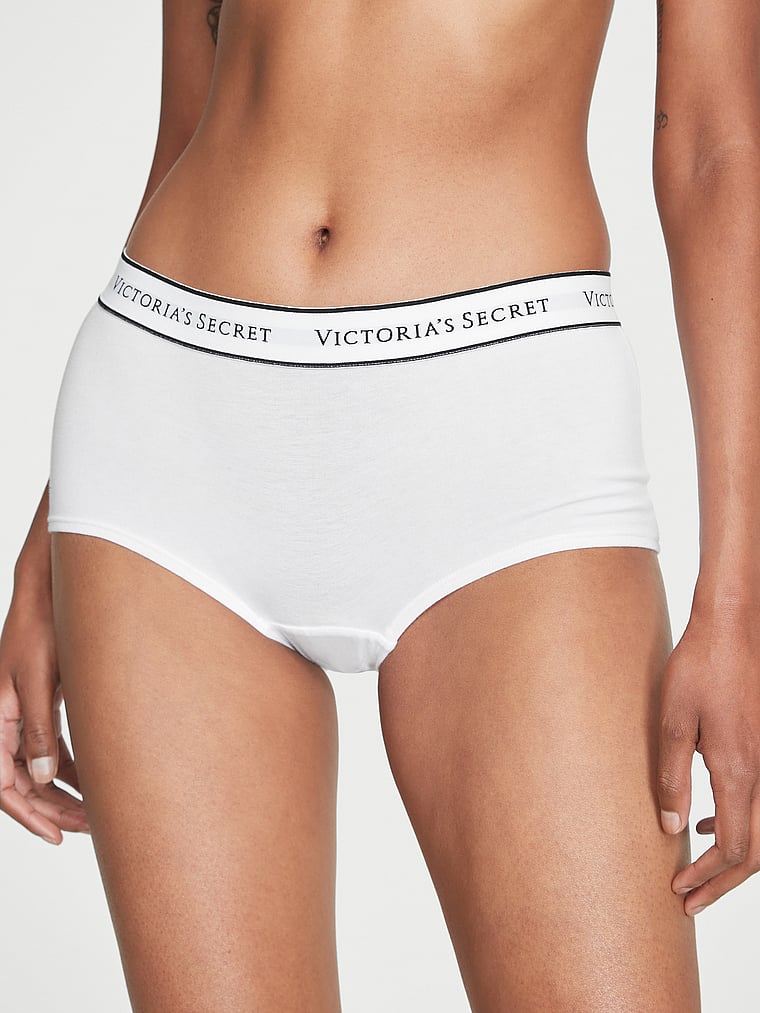 Victoria's Secret, Cotton Logo Cotton Shine Patch Boyshort Panty, VS White, onModelFront, 1 of 3 Shaanti is 5'9" and wears Small