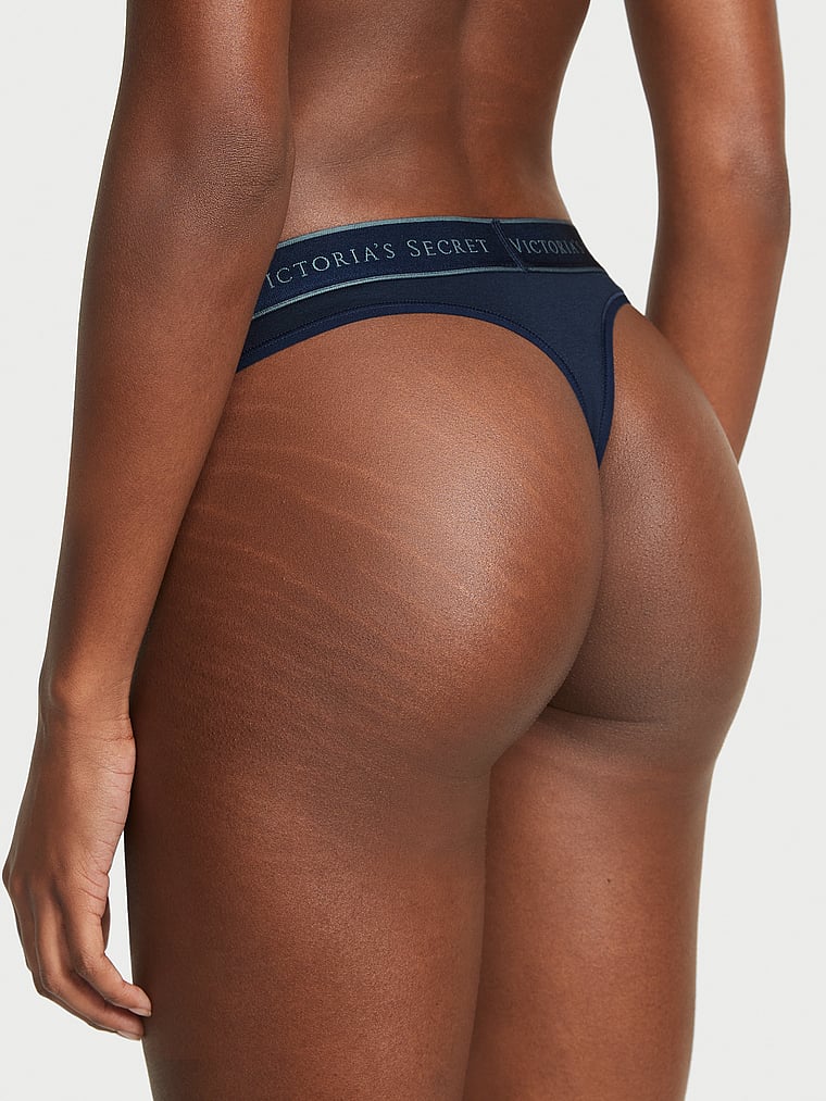 Victoria's Secret, Cotton Logo Cotton Thong Panty, Noir Navy, onModelBack, 2 of 3