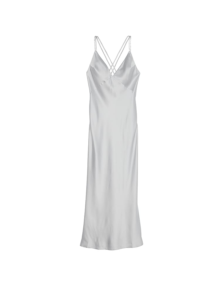 Victoria's Secret, Victoria's Secret Twinkle Strap Satin Long Slip Dress, SILVER PEARL, offModelFront, 3 of 3