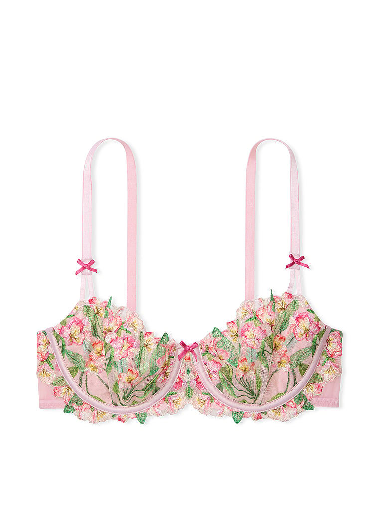 Victoria's Secret, Dream Angels Wicked Unlined Lily Embroidery Balconette Bra, Chalk Rose, offModelFront, 4 of 5