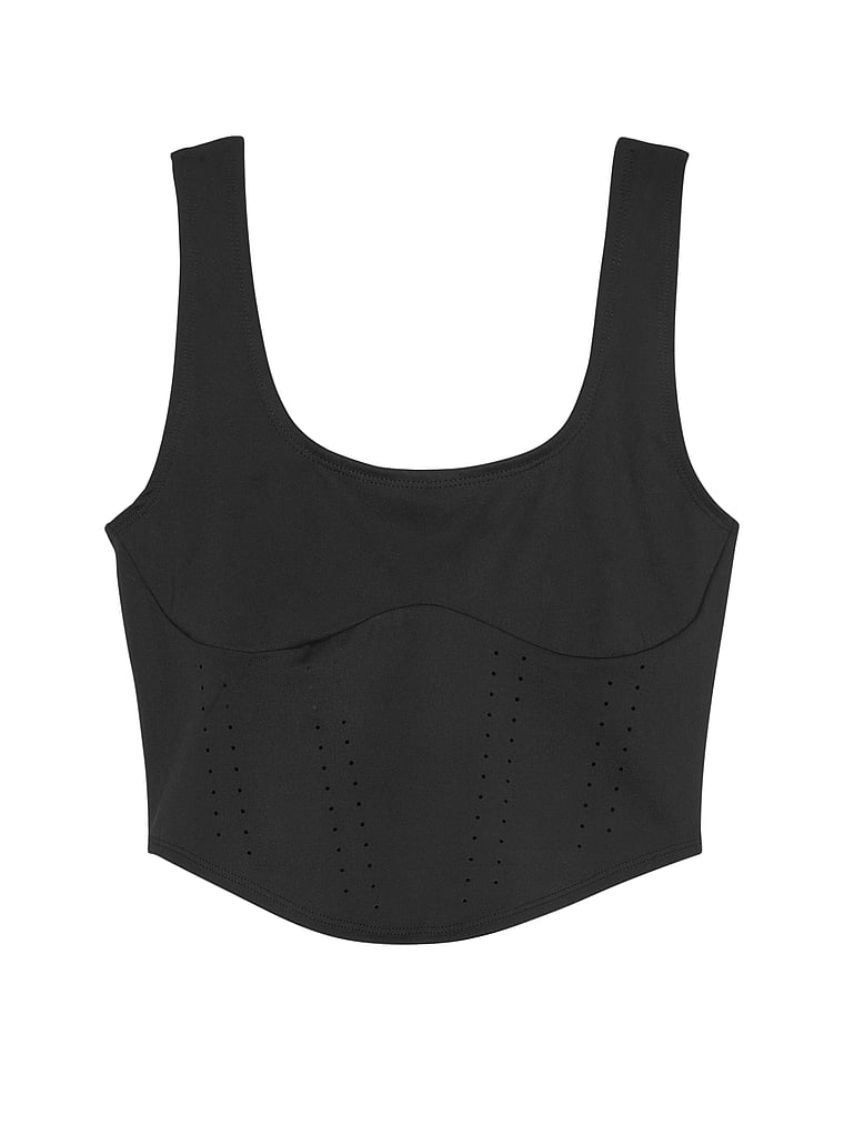 Victoria's Secret, VSX VS Essential Perforated Corset Top, Black, offModelFront, 2 of 5
