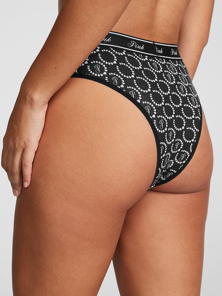 PINK Logo Cotton Brazilian Panty, Pure Black Heart P Print, onModelBack, 2 of 3 Eden is 5'8" and wears Large