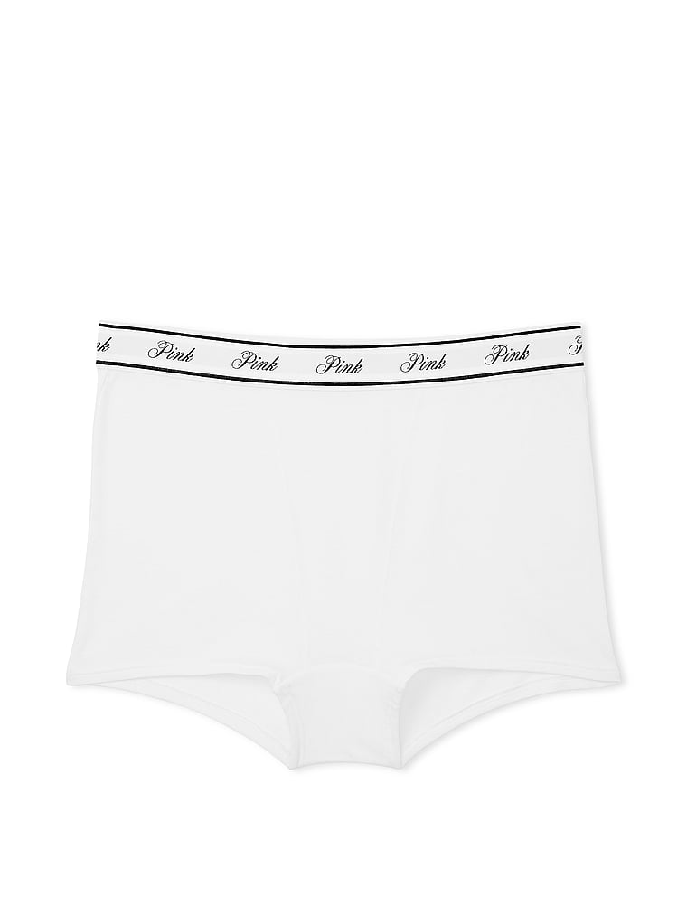 PINK Logo Cotton High-Waist Boyshort Panty, Optic White, offModelFront, 3 of 3