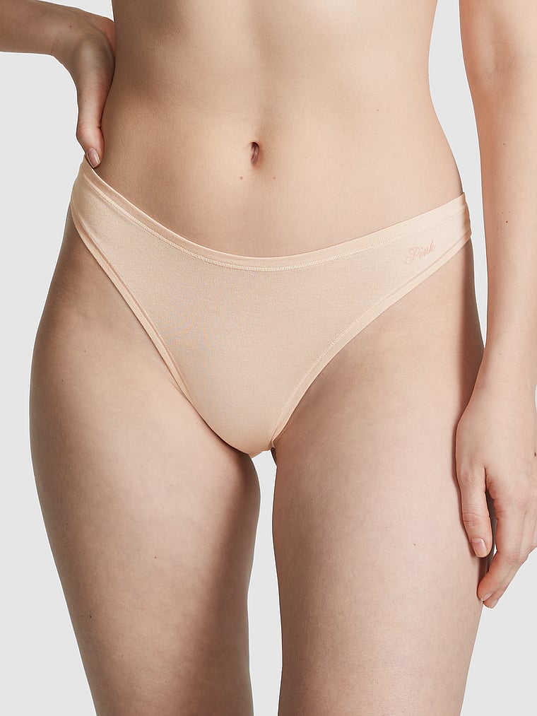 PINK Cotton High-Leg Thong Panty, Marzipan, onModelFront, 1 of 3 Anabel is 5'8" or 173cm and wears Small