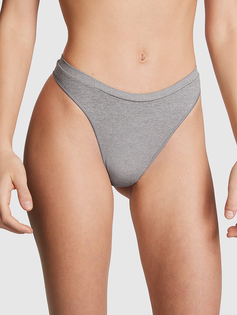 PINK Seamless High-Leg Thong Panty, Grey Oasis Marl, onModelFront, 1 of 3 Ruby is 5'6" and wears Small