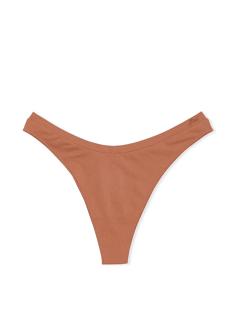 PINK Seamless High-Leg Thong Panty, Caramel, offModelFront, 3 of 3