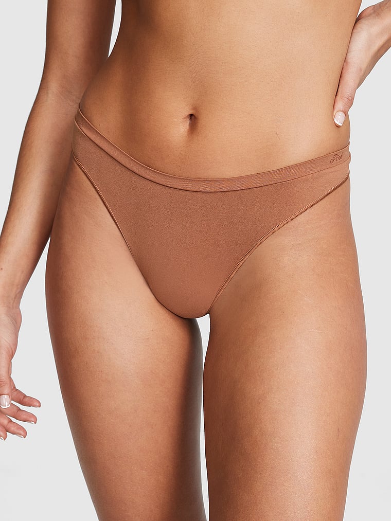 PINK Seamless High-Leg Thong Panty, Caramel, onModelFront, 1 of 3 Vanessa is 5'10" and wears Small
