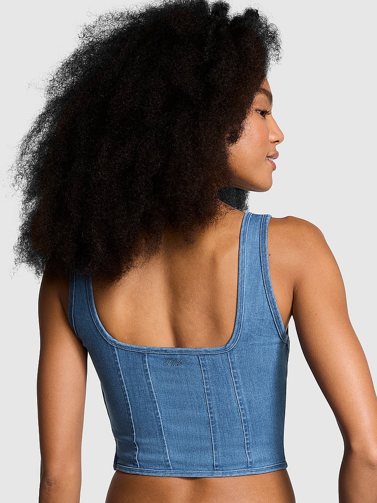 PINK Bralettes & Bra Tops The Cinched Corset Top, Denim Blue, onModelBack, 2 of 5 Serguelen is 5'10" and wears 34B or Small