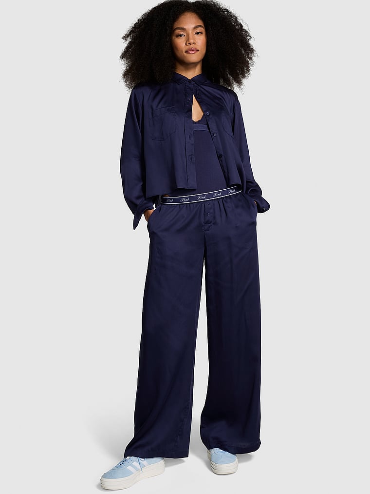 PINK TENCEL™ Wide-Leg Pajama Pants, Midnight Navy, onModelSide, 1 of 4 Ruby is 5'6" or 168cm and wears Small