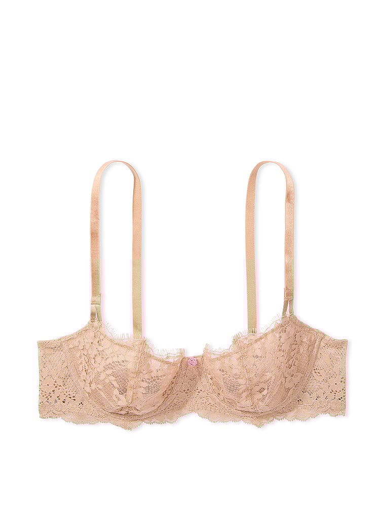 Victoria's Secret, Dream Angels Wicked Unlined Wisteria Embroidery Balconette Bra, Praline, offModelFront, 4 of 5