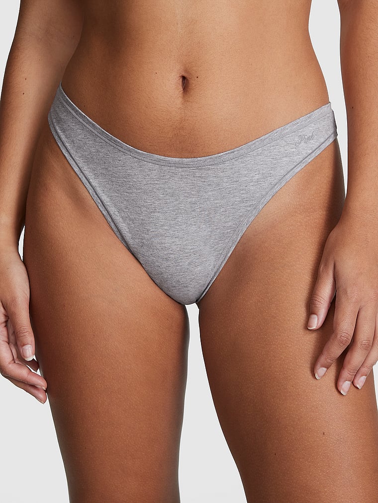 PINK Cotton High-Leg Thong Panty, Medium Heather Grey, onModelFront, 1 of 3 Eden is 5'8" or 173cm and wears Large