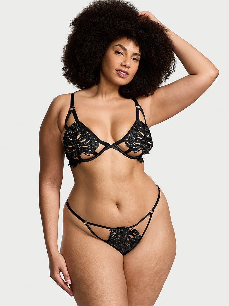 Victoria's Secret, Very Sexy Tropical Leaf Hardware V-String Panty, Black, onModelSide, 5 of 5 Shadia  is 5'11" or 180cm and wears Extra Extra Large