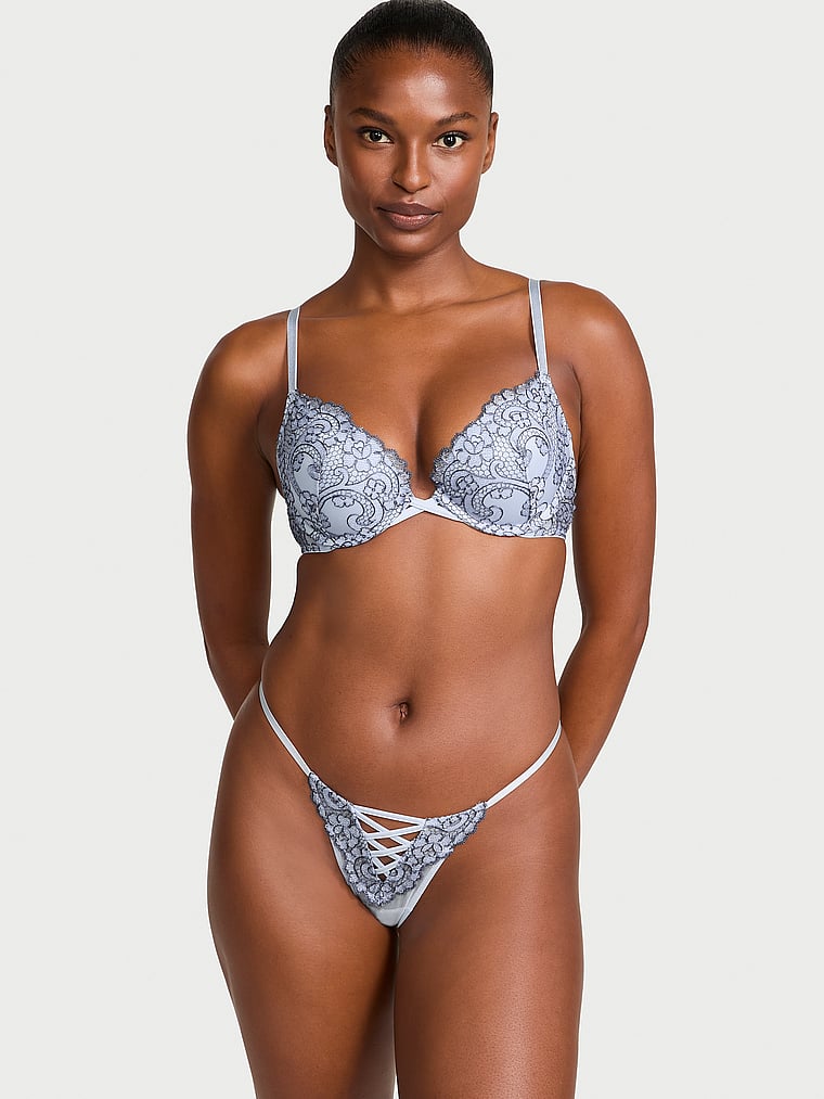 Victoria's Secret, Dream Angels Boho Floral Embroidery Push-Up Bra, Faded Denim, onModelSide, 1 of 5 Tsheca  is 5'9" and wears 34B or Small
