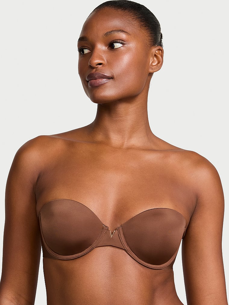 Victoria's Secret, Victoria's Secret Bare Illusions Lightly Lined Smooth Strapless Bra, Mousse, onModelFront, 1 of 3 Tsheca  is 5'9" and wears 34B or Small