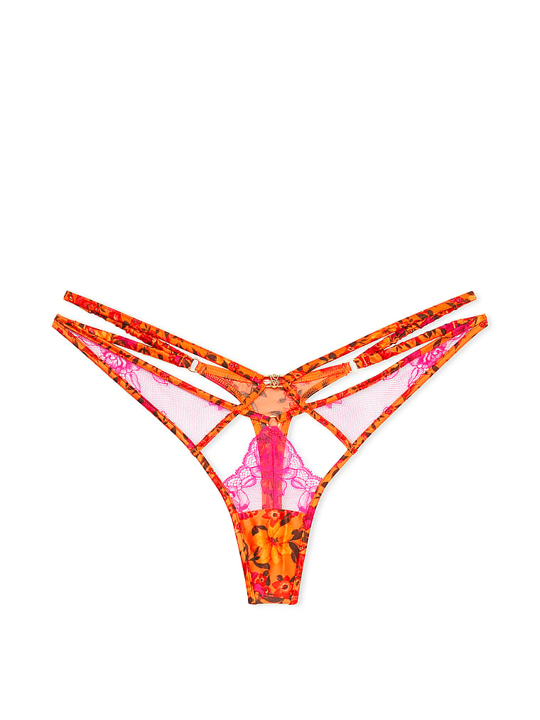 Victoria's Secret, Very Sexy Tropical Satin Lace High-Leg Strappy Thong Panty, Tropical Sunny Orange, offModelFront, 4 of 4