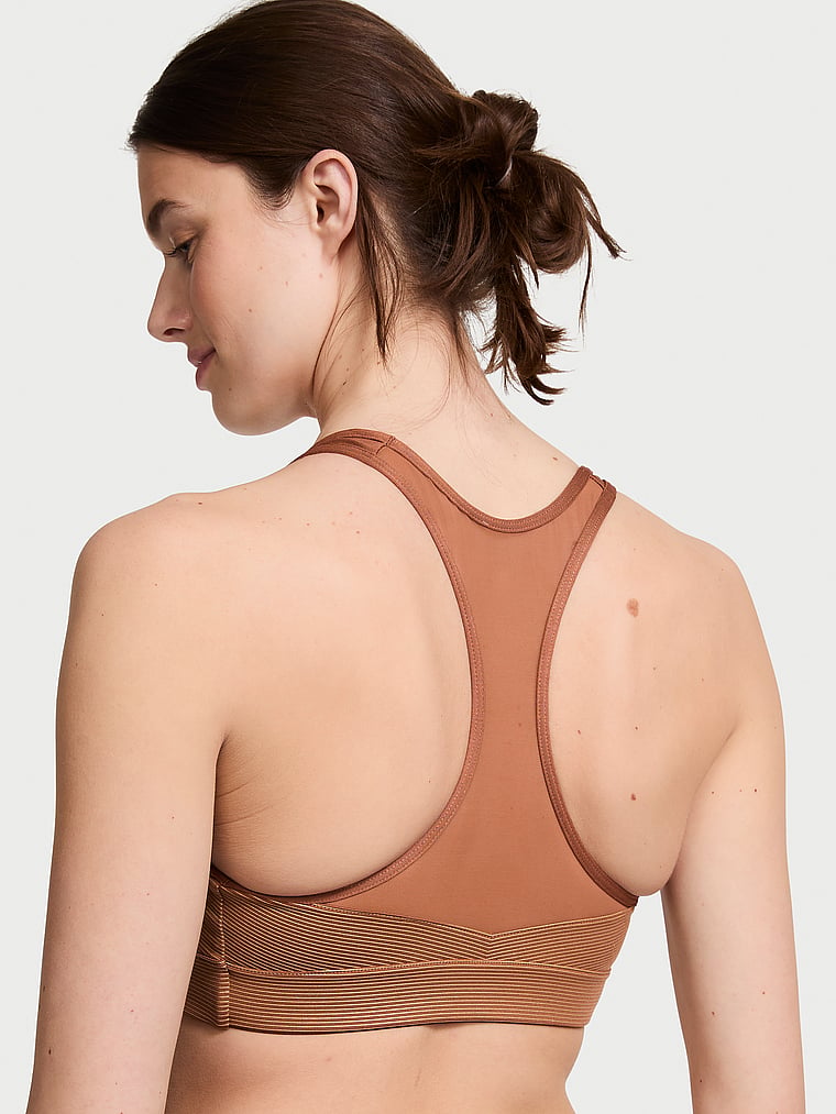 Victoria's Secret, VSX Player Shine Sports Bra, Caramel Bronze, onModelBack, 2 of 4 Mackenzie is 5'10" and wears 34B or Small