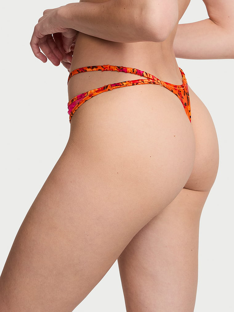 Victoria's Secret, Very Sexy Tropical Satin Lace High-Leg Strappy Thong Panty, Tropical Sunny Orange, onModelBack, 2 of 4 Mackenzie is 5'10" and wears Small