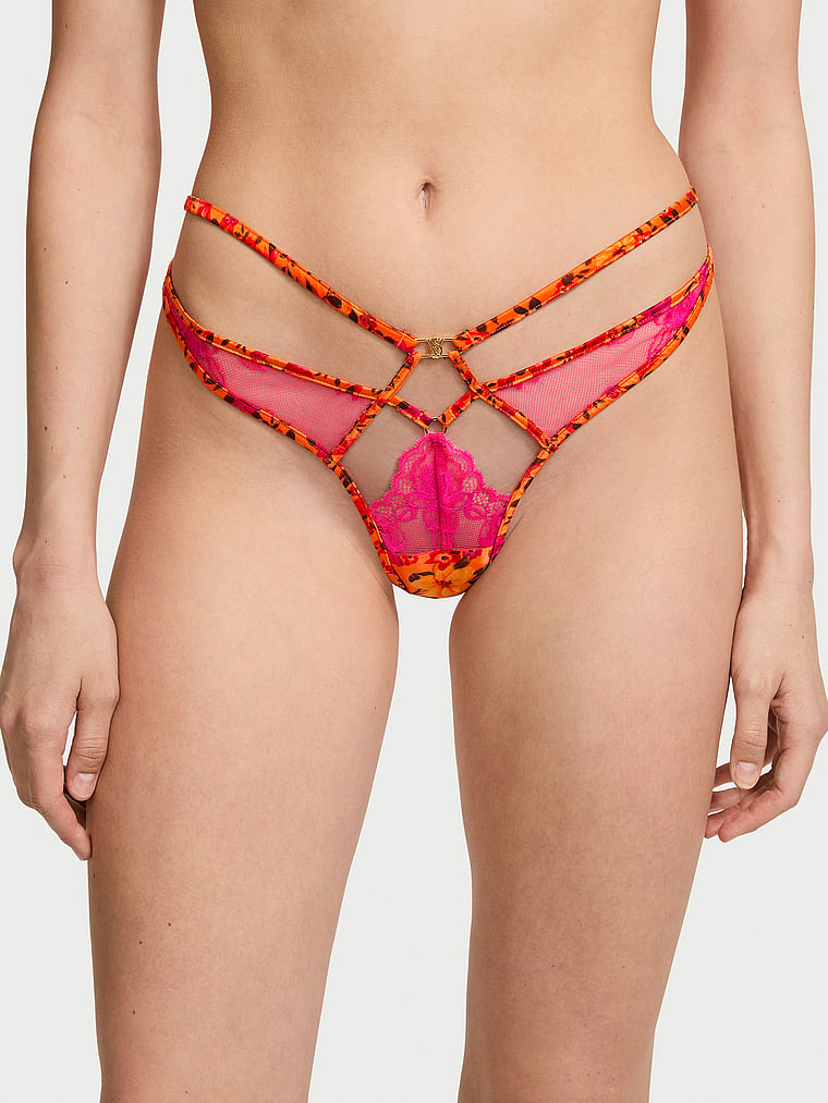 Victoria's Secret, Very Sexy Tropical Satin Lace High-Leg Strappy Thong Panty, Tropical Sunny Orange, onModelFront, 1 of 4 Mackenzie is 5'10" and wears Small