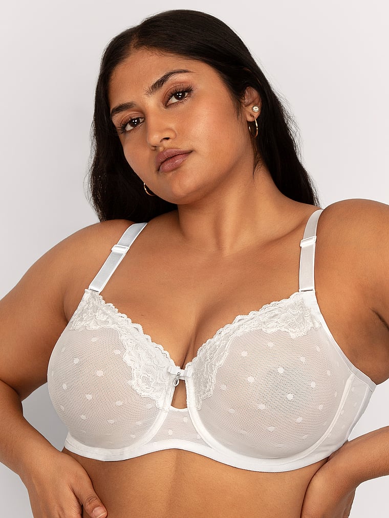 Victoria's Secret, Curvy Couture Sheer Whisper Unlined Underwire Bra, White, onModelFront, 1 of 3