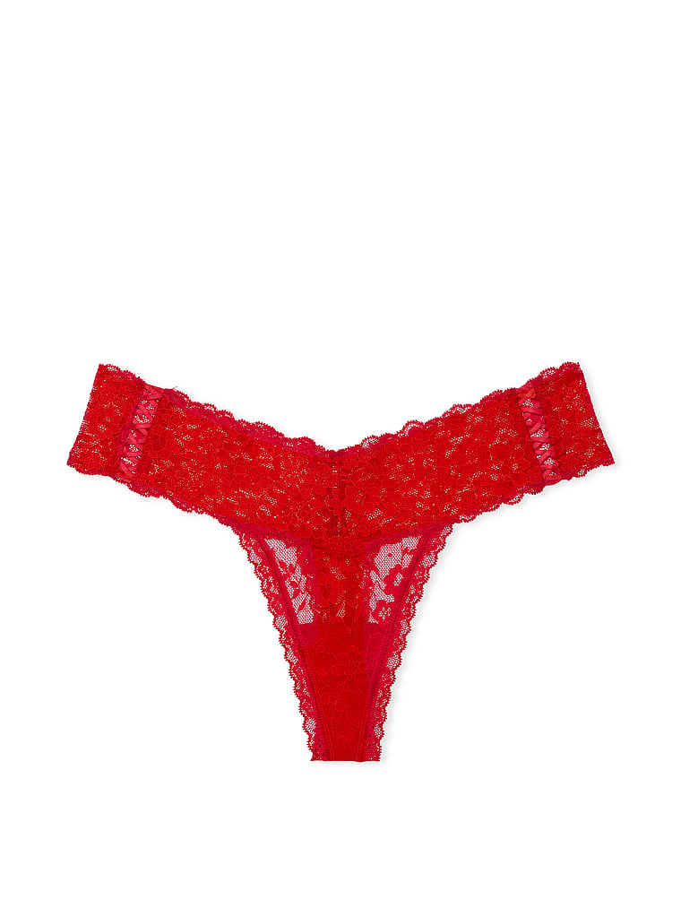 Victoria's Secret, The Lacie Lace-Up Lace Thong Panty, Lipstick, offModelFront, 3 of 3