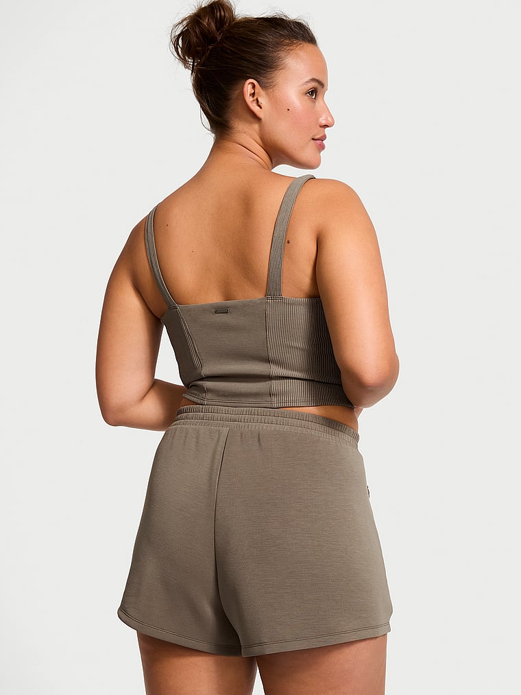 Victoria's Secret, VSX Featherweight Knit Lounge Shorts, Terra Olive, onModelBack, 2 of 4 Sofia  is 5'8" or 173cm and wears Large