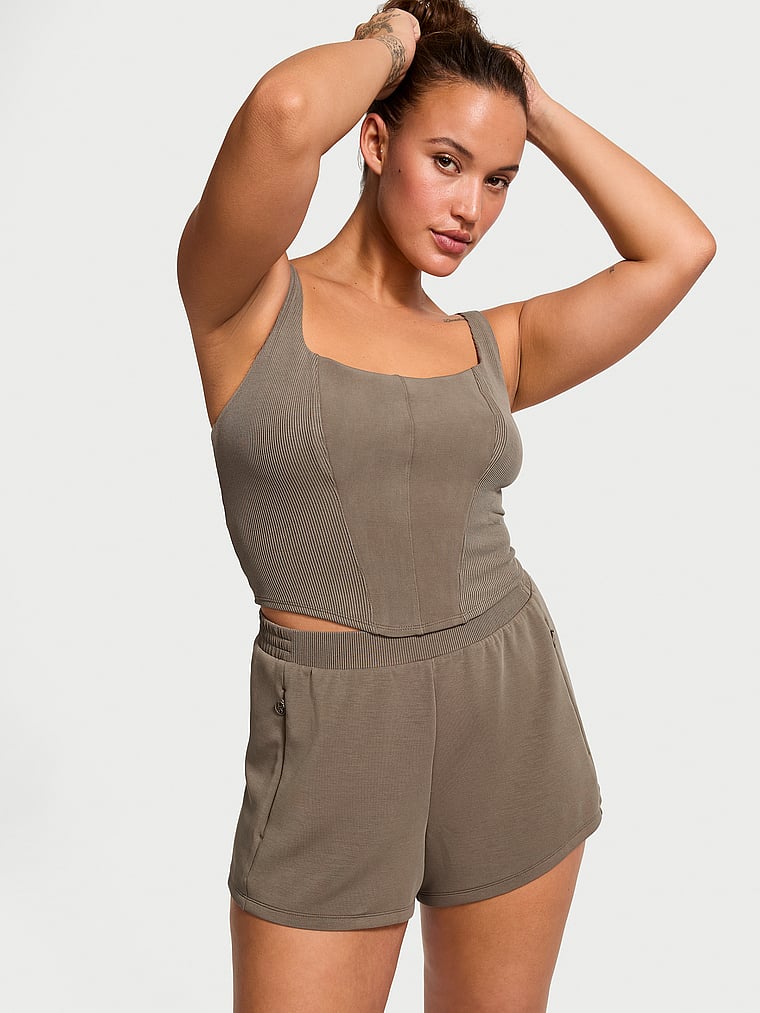 Victoria's Secret, VSX Featherweight Knit Lounge Shorts, Terra Olive, onModelFront, 1 of 4 Sofia  is 5'8" or 173cm and wears Large