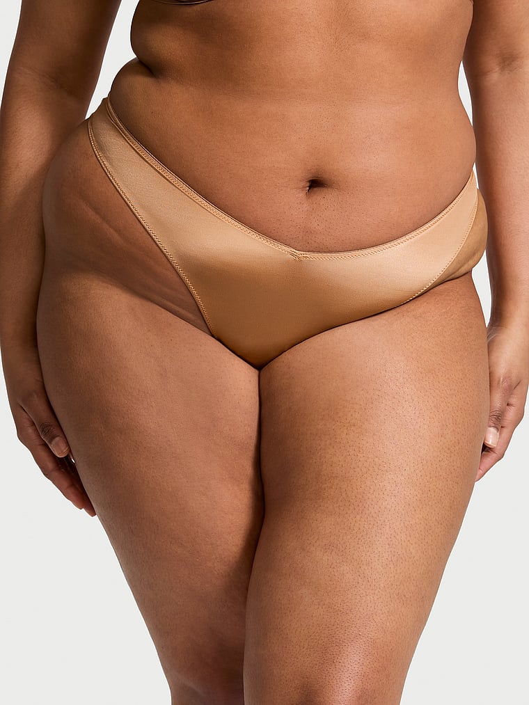 Victoria's Secret, Very Sexy Spider Shine Mesh High-Leg Thong Panty, Toffee, featured, 1 of 3 Chloe is 5'11" or 180cm and wears Extra Extra Large