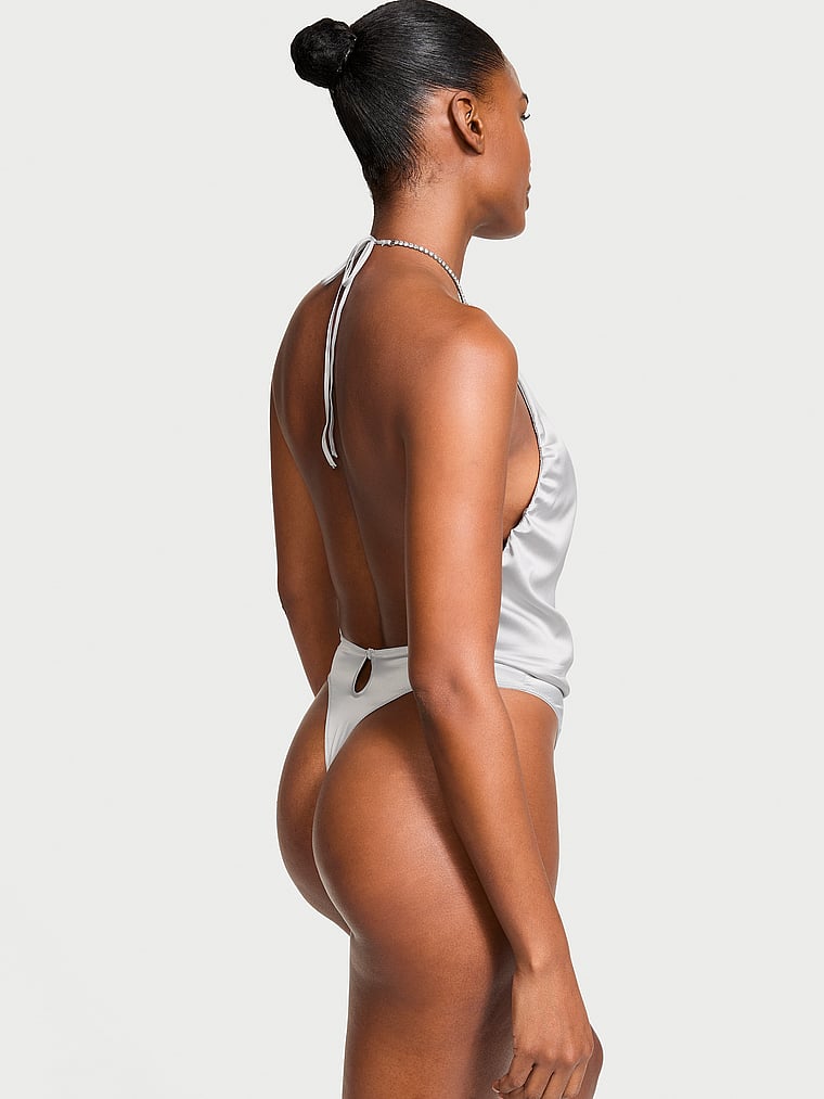 Victoria's Secret, Very Sexy Twinkle Strap Satin Teddy, SILVER PEARL, onModelBack, 4 of 4 Tsheca is 5'9" and wears 34B or Small