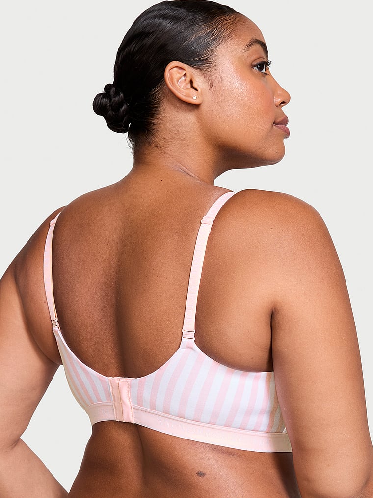 Victoria's Secret, The T-shirt Cotton Logo Hardware Lightly Lined Wireless Bra, Pink Stripes, onModelBack, 2 of 3 Brianna is 5'10" or 178cm and wears 38DD (E) or Extra Large