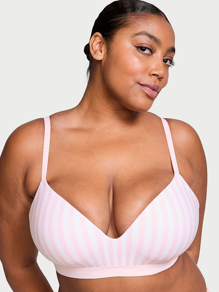 Victoria's Secret, The T-shirt Cotton Logo Hardware Lightly Lined Wireless Bra, Pink Stripes, onModelFront, 1 of 3 Brianna is 5'10" or 178cm and wears 38DD (E) or Extra Large