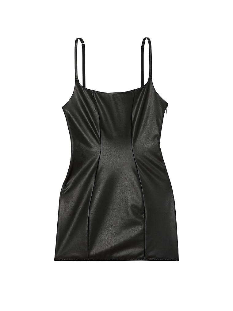 Victoria's Secret, Victoria's Secret Faux Leather Slip Dress, BLACK, offModelFront, 3 of 3