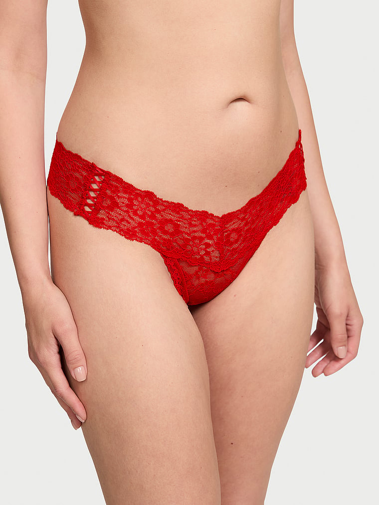 Victoria's Secret, The Lacie Lace-Up Lace Thong Panty, Lipstick, onModelFront, 1 of 3 Kiana is 5'9" or 175cm and wears Small
