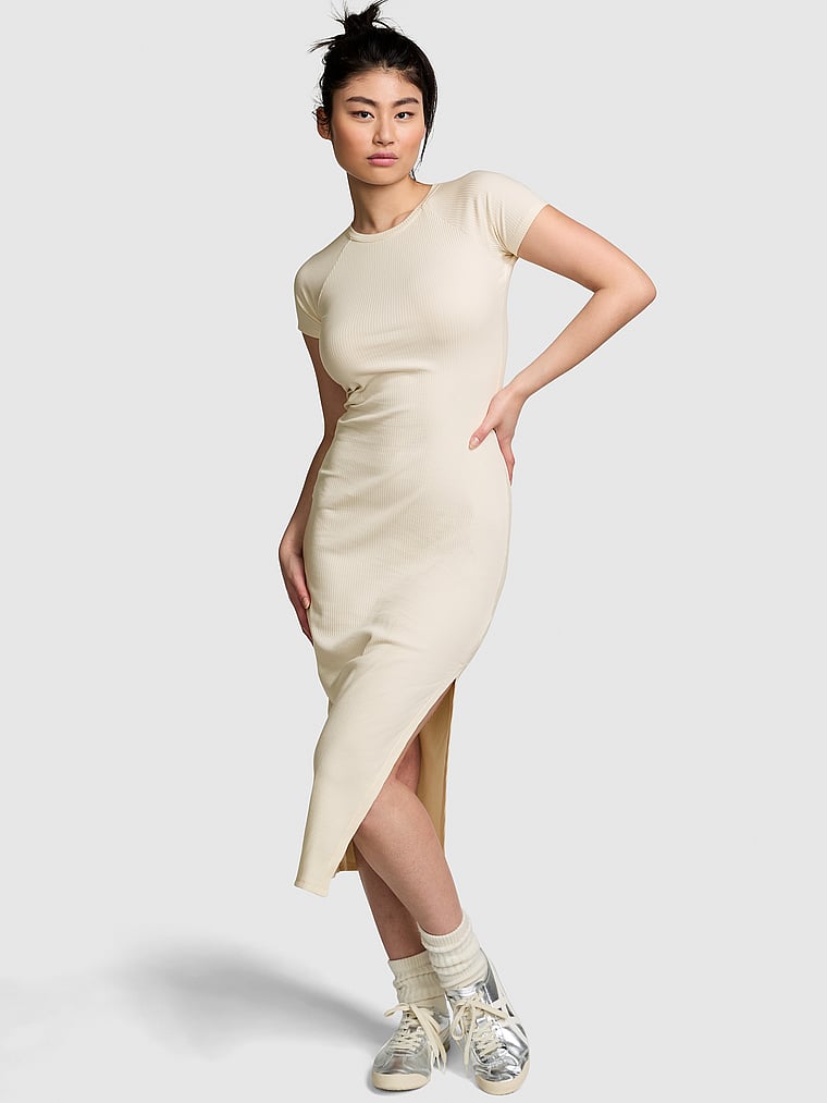 knee length dresses for ladies TA3 Women's Mega Sculpting Scoop Neck Zip Front Midi Dress - Natural