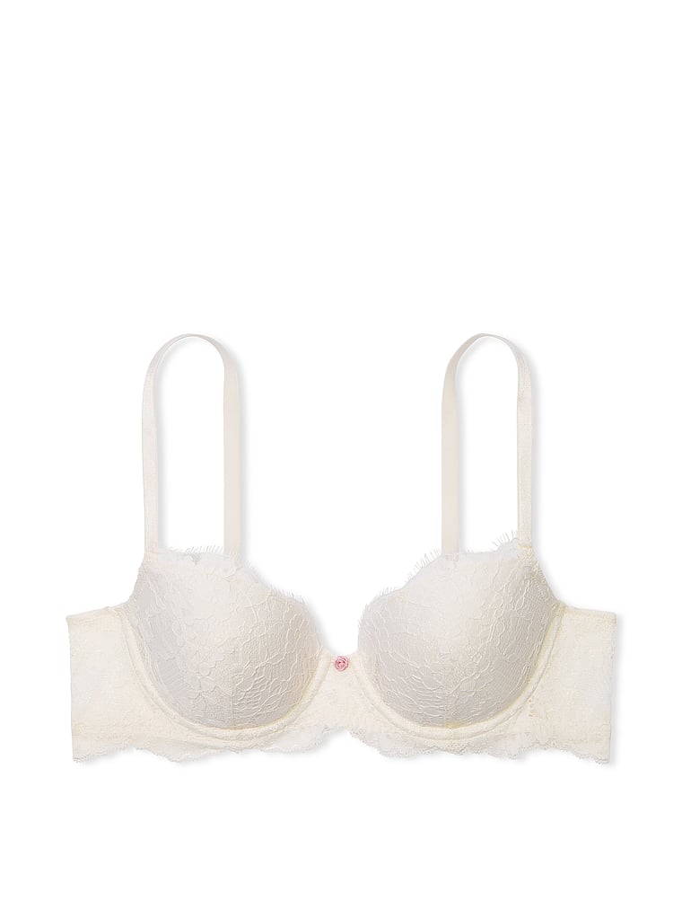 Victoria's Secret, Dream Angels Smooth & Lace Lightly Lined Demi Bra, Coconut White, offModelFront, 4 of 5