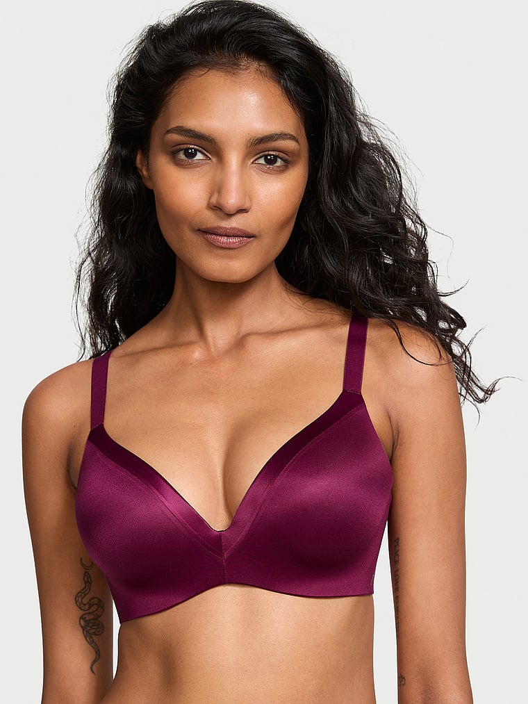 Victoria's Secret, Victoria's Secret Bare Infinity Flex Wireless Perfect Shape Bra, Plum Rouge, onModelFront, 1 of 3 Shaanti is 5'9" and wears 32B or Small