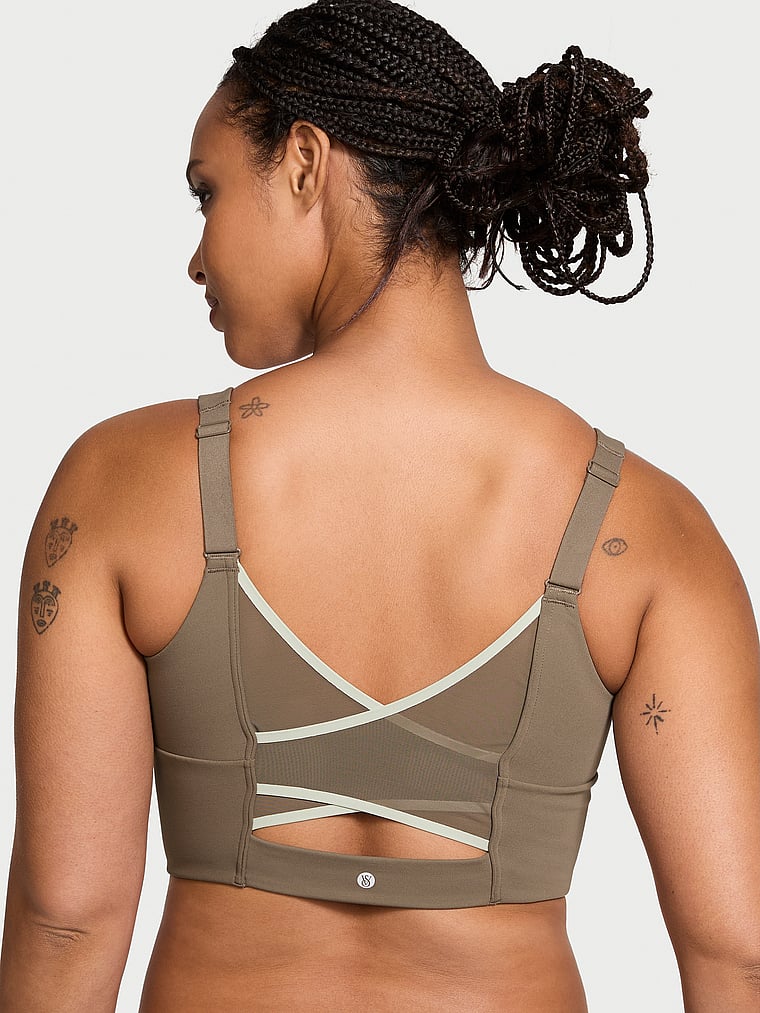 Victoria's Secret, VSX VSX Elevate™ Cross-Back Mesh Sports Bra, Terra Olive, onModelBack, 2 of 4