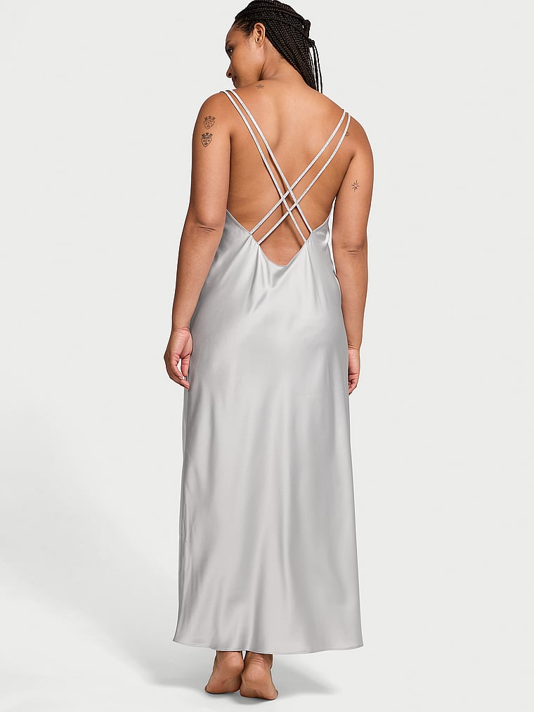 Victoria's Secret, Victoria's Secret Twinkle Strap Satin Long Slip Dress, SILVER PEARL, onModelBack, 2 of 3