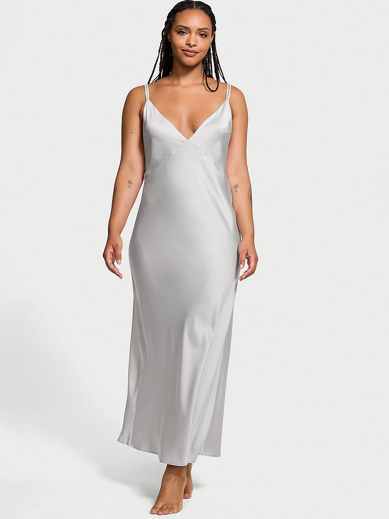 Victoria's Secret, Victoria's Secret Twinkle Strap Satin Long Slip Dress, SILVER PEARL, onModelFront, 1 of 3
