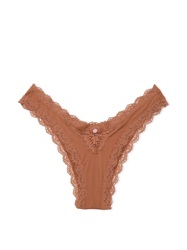 Victoria's Secret, Dream Angels Twinkle Bow Lace Brazilian Panty, Caramel, offModelFront, 4 of 4