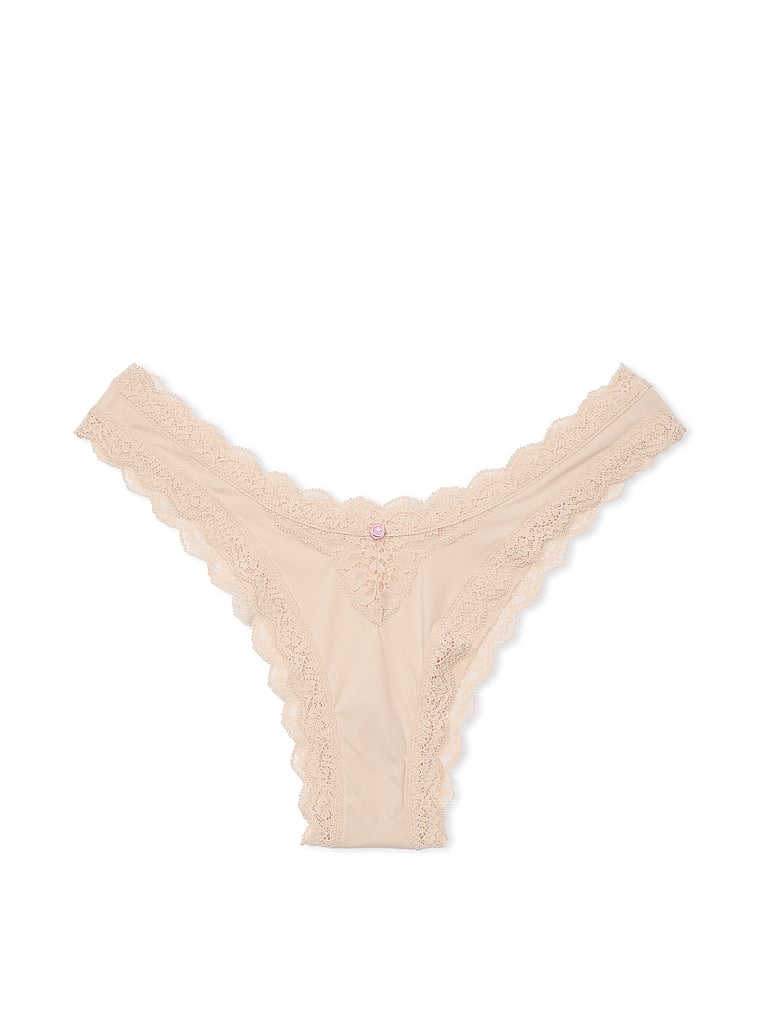 Victoria's Secret, Dream Angels Lace-Trim Brazilian Panty, Marzipan, offModelFront, 3 of 4