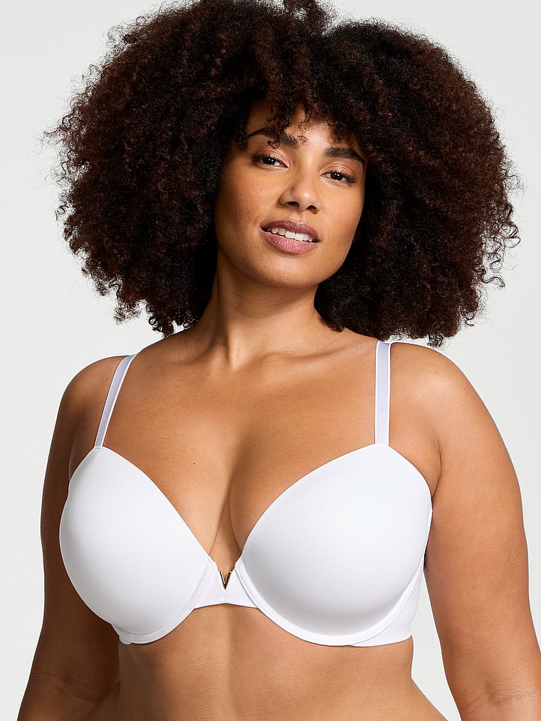 Victoria's Secret, Love Cloud Smooth Lightly Lined Plunge Demi Bra, VS White, onModelFront, 4 of 5 Shadia  is 5'11" or 180cm and wears 38DD (E) or Extra Extra Large