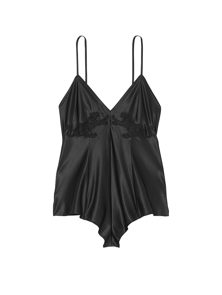 Victoria's Secret, Victoria's Secret Jaguar Satin Romper, BLACK, offModelFront, 3 of 3